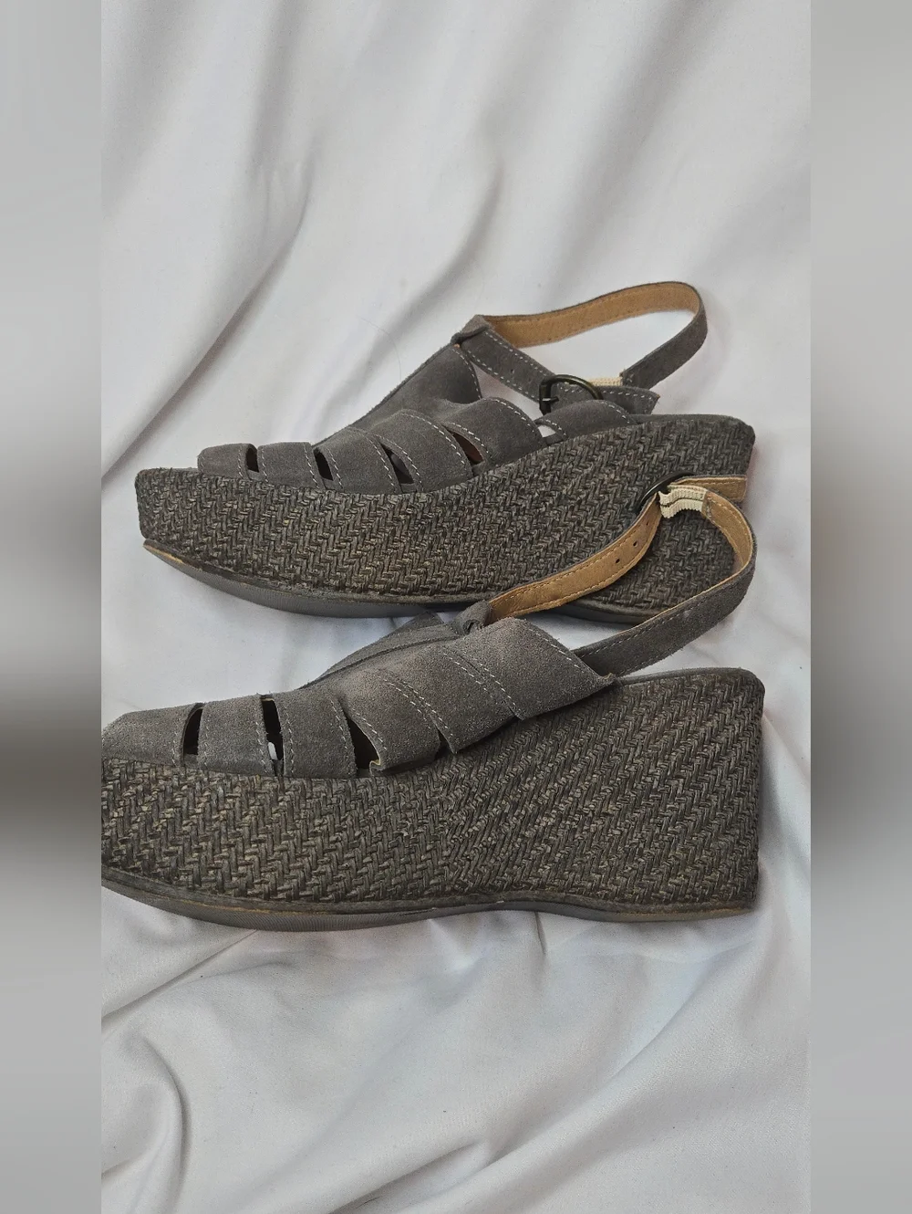 Sundance Leather Suede Wedge Sandals in Gray-Brown Ankle Strap Women's 39/8